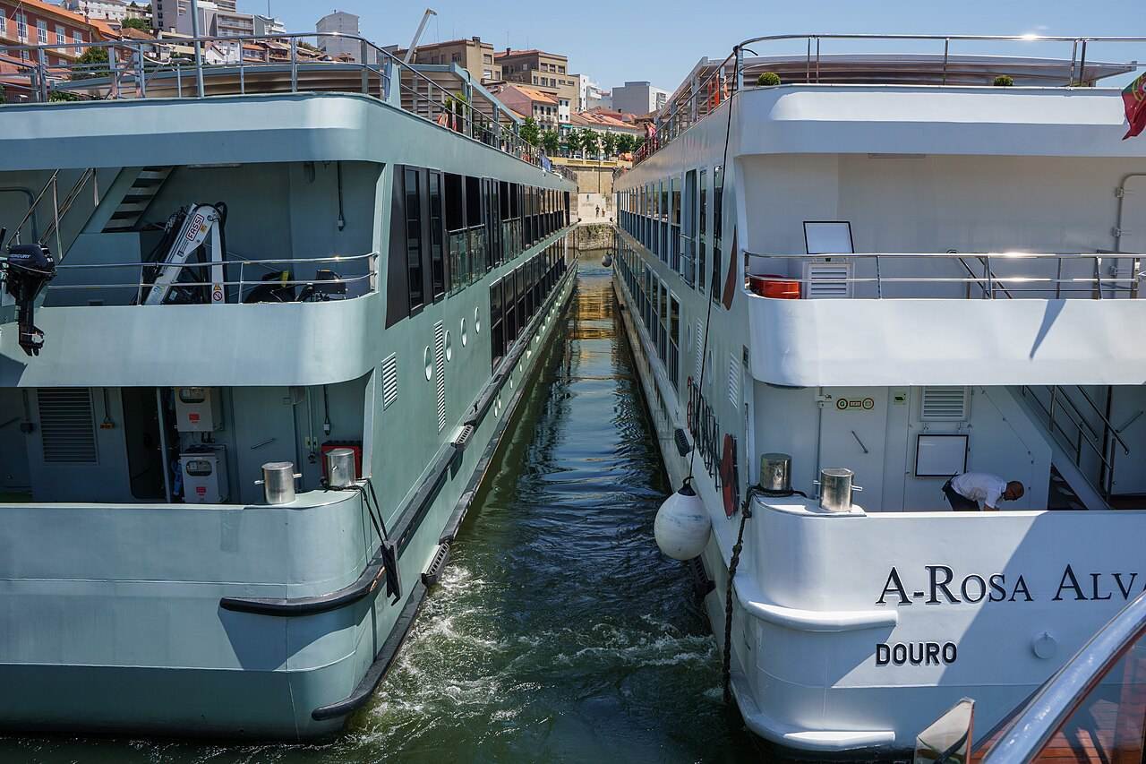 River cruise boats moored side by side at Peso da Régua on the Douro