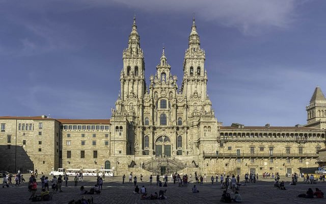 The baroque west front of Santiago de Compostela Cathedral above a large square